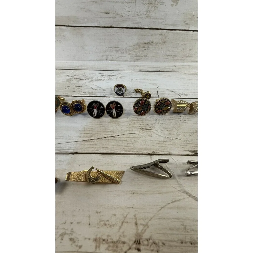 Vintage Mens Cufflinks and Tie Clip Lot Gold Tone Enamel Golf Mesh 16pc Set